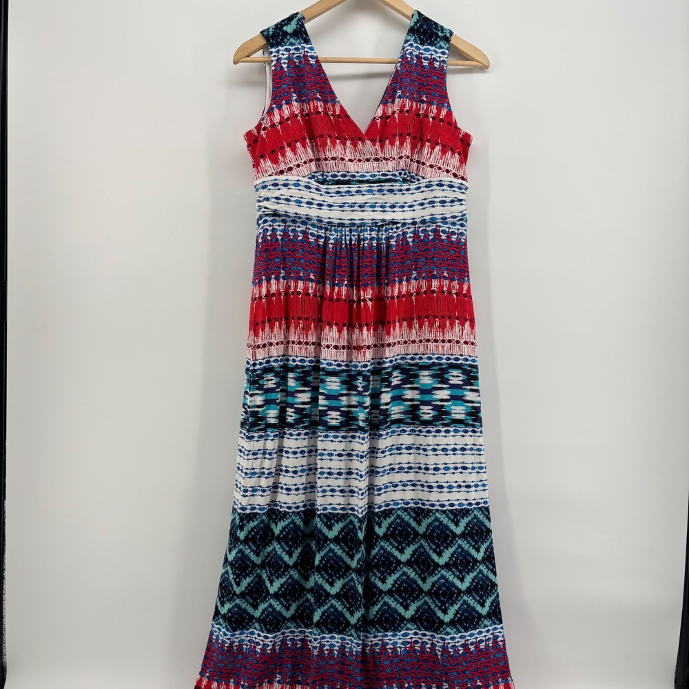 Ann Taylor Petite Women Maxi Dress MP Red Blue Geometric Sleeveless V-Neck Boho